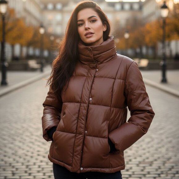 🔥STEVE MADDEN Women Faux Leather Jacket (M) Brown Quilted TRENDY - Picture 1 of 7